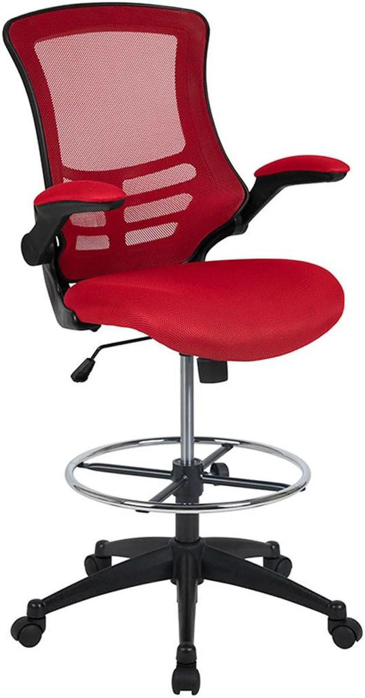 Alt view image 11 of 20 - Mid-Back Red Mesh Ergonomic Drafting Chair with Adjustable Foot Ring and Flip-Up Arms