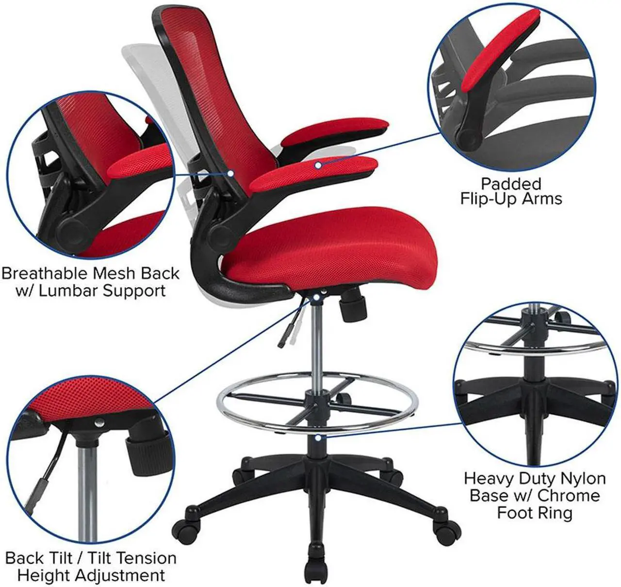 Alt view image 15 of 20 - Mid-Back Red Mesh Ergonomic Drafting Chair with Adjustable Foot Ring and Flip-Up Arms