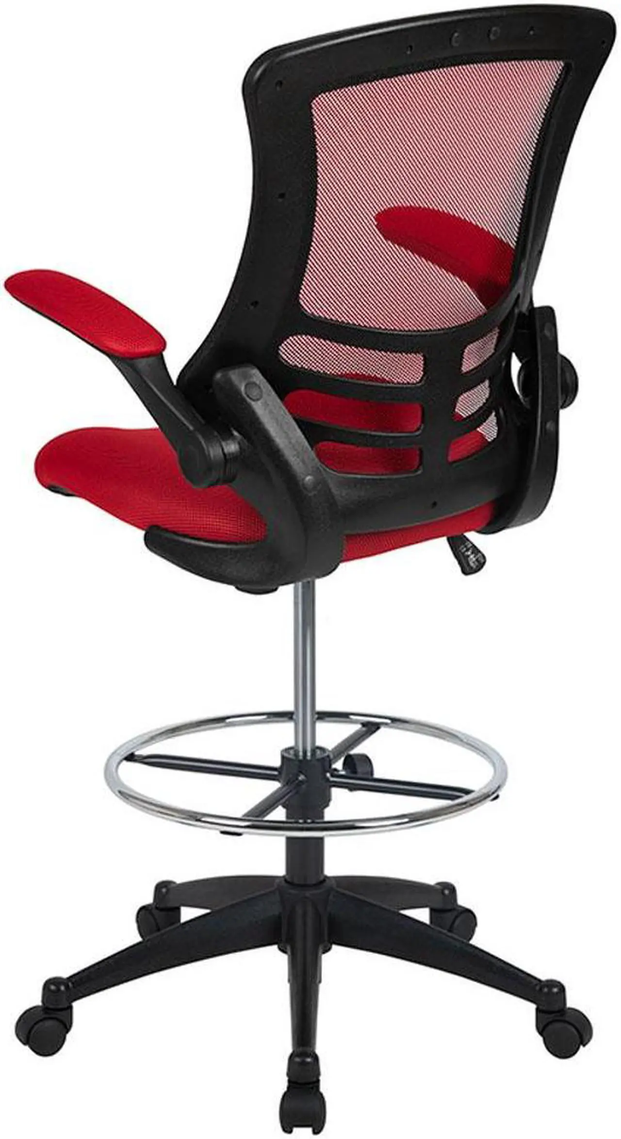 Alt view image 13 of 20 - Mid-Back Red Mesh Ergonomic Drafting Chair with Adjustable Foot Ring and Flip-Up Arms
