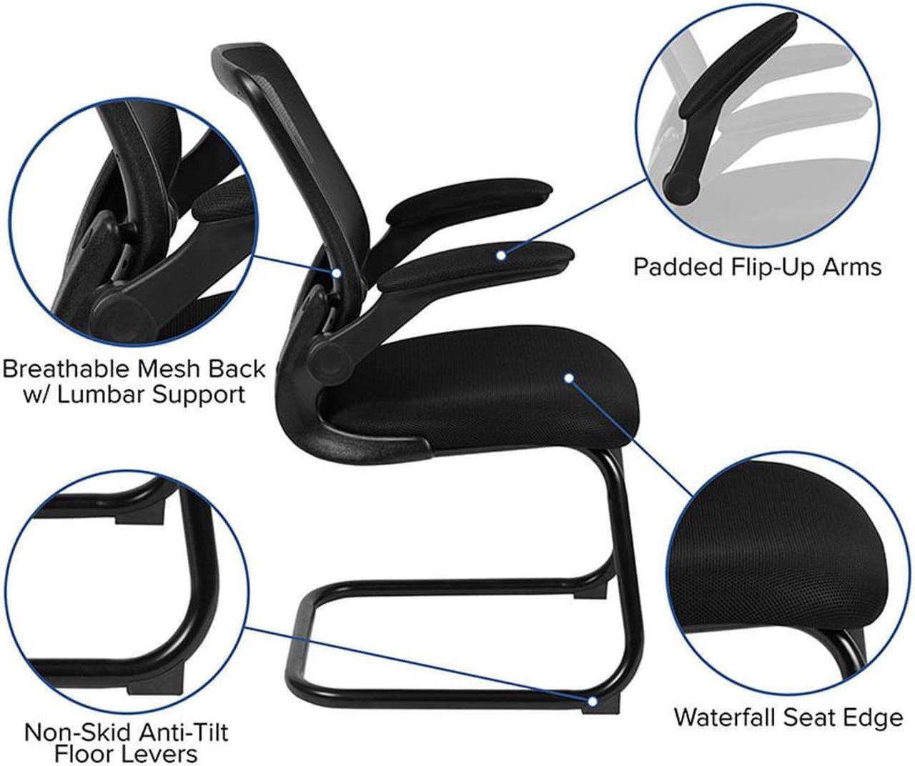 Alt view image 14 of 20 - Black Mesh Sled Base Side Reception Chair with Flip-Up Arms