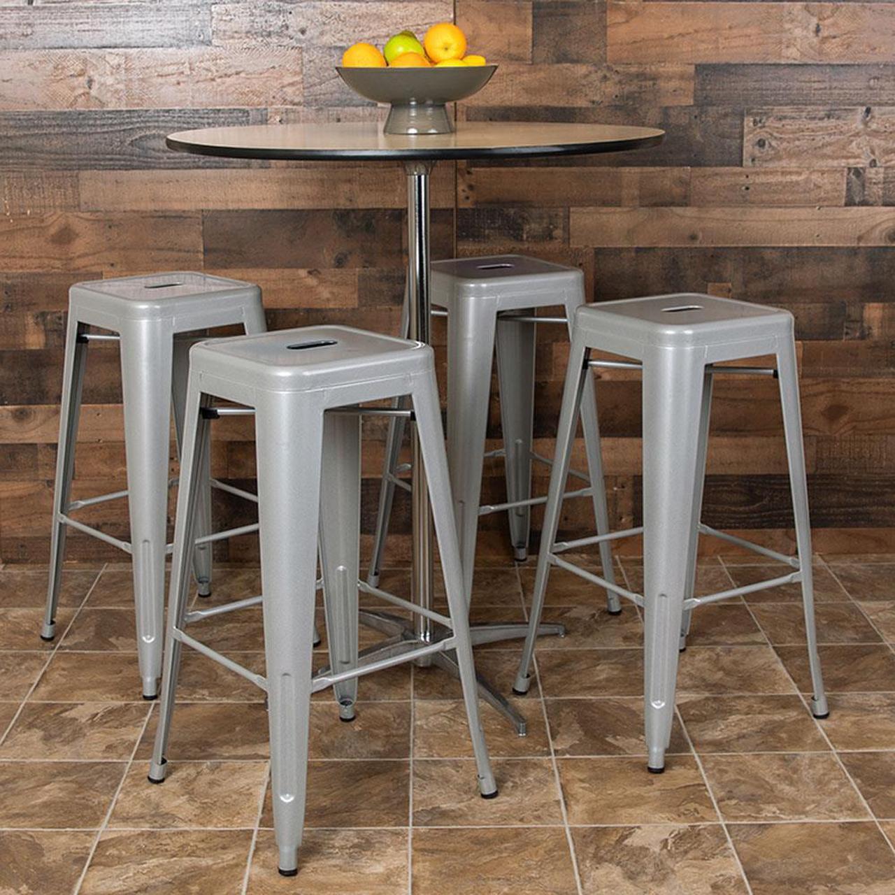 Alt view image 9 of 20 - 30" High Metal Indoor Bar Stool in Silver - Stackable Set of 4