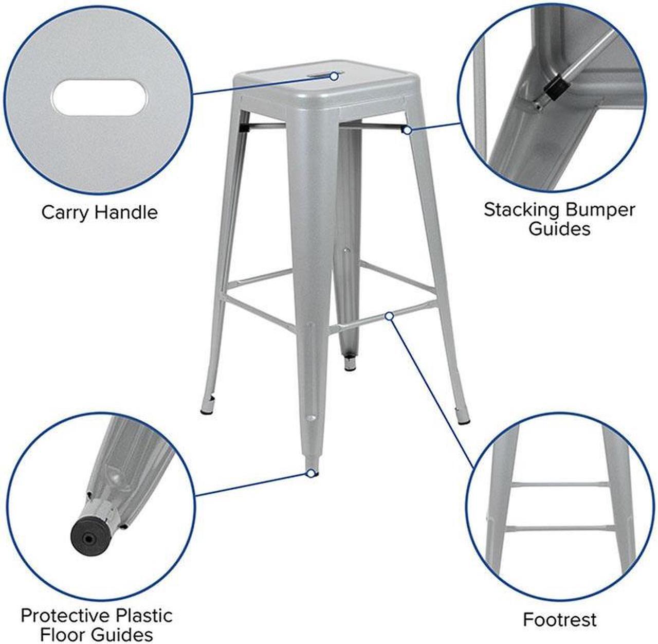 Alt view image 13 of 20 - 30" High Metal Indoor Bar Stool in Silver - Stackable Set of 4
