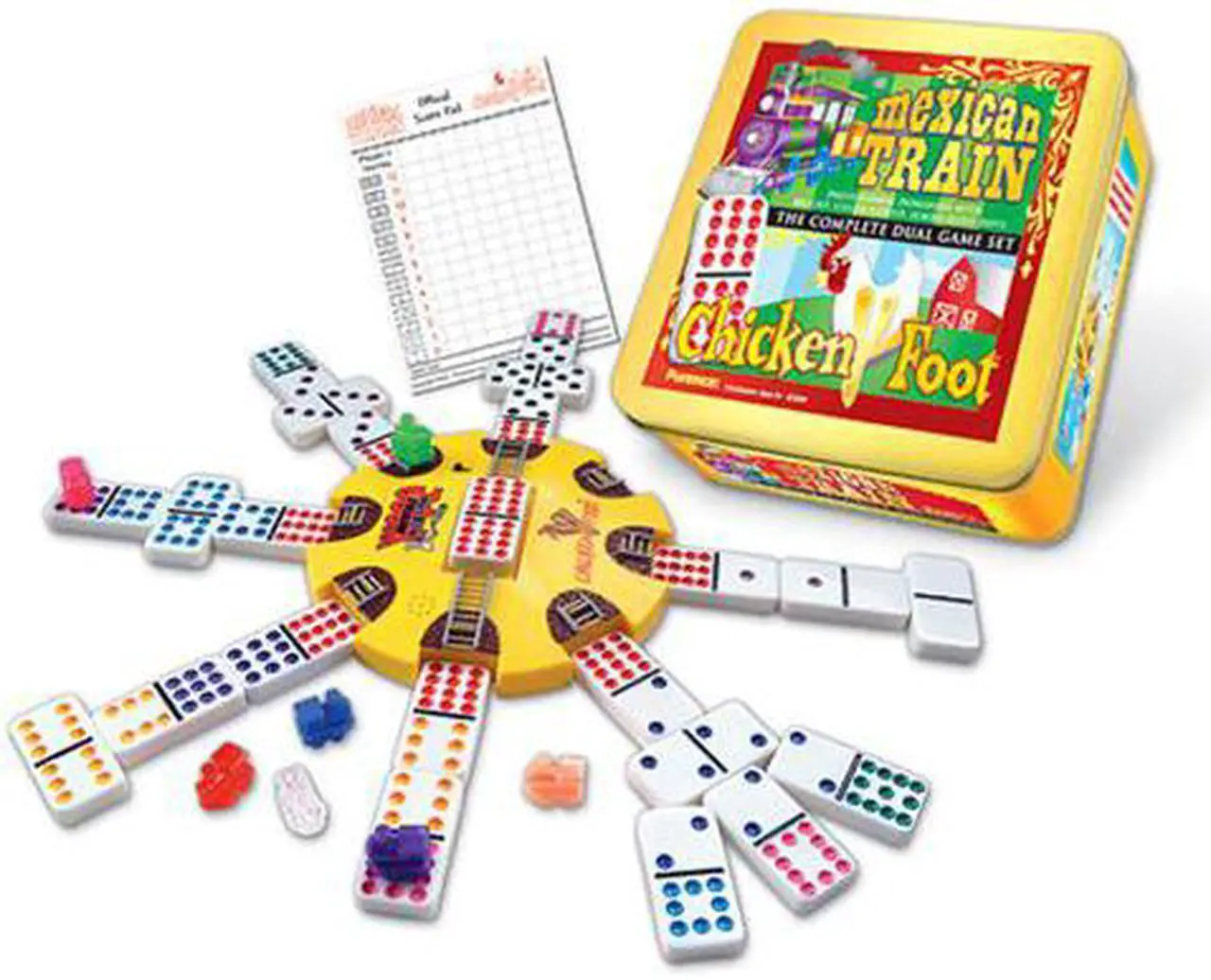 Alt view image 2 of 5 - Mexican Train and Chickenfoot Dominoes - The Complete Dual Game Set in a Tin