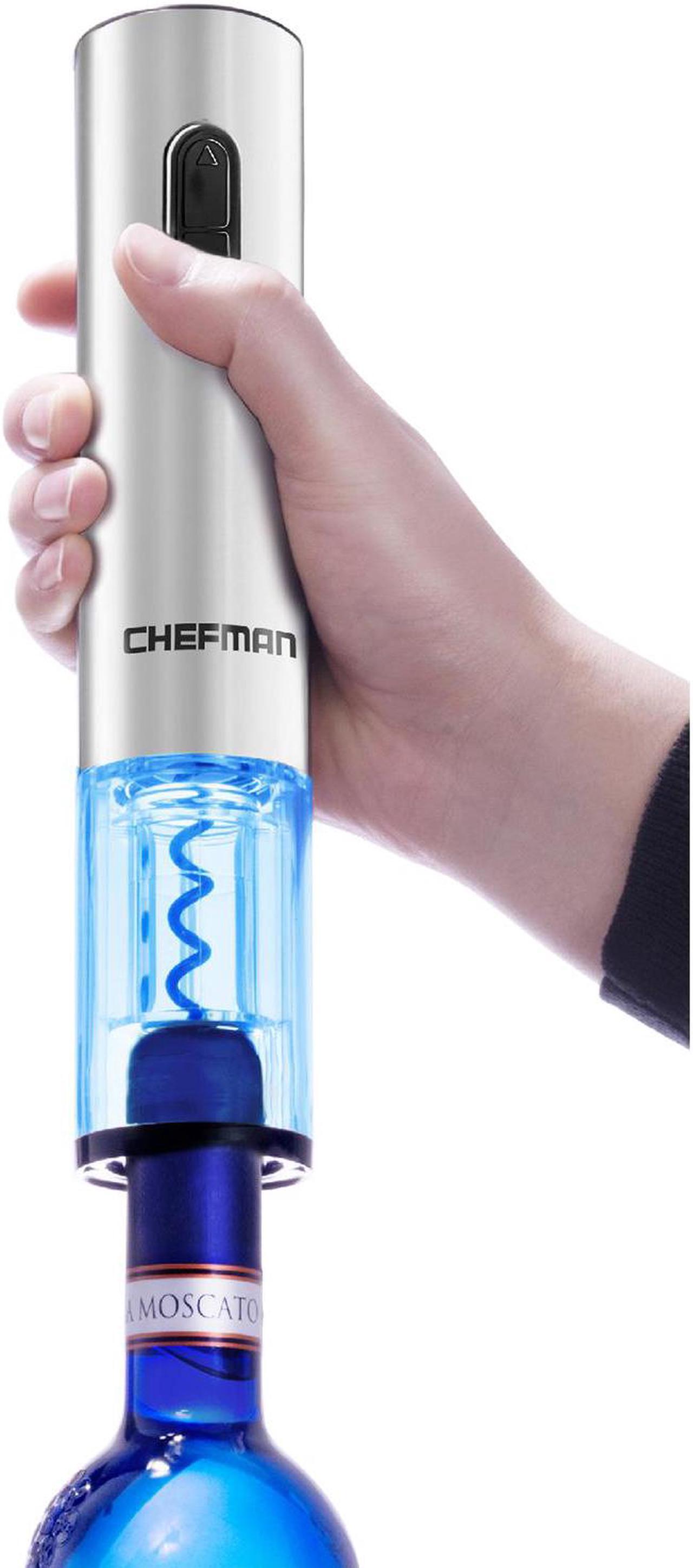 Alt view image 4 of 6 - chefman electric wine opener with foil cutter, automatic corkscrew and foil remover, one touch wine bottle opener with rechargeable battery and charging stand, stainless steel 110/240v