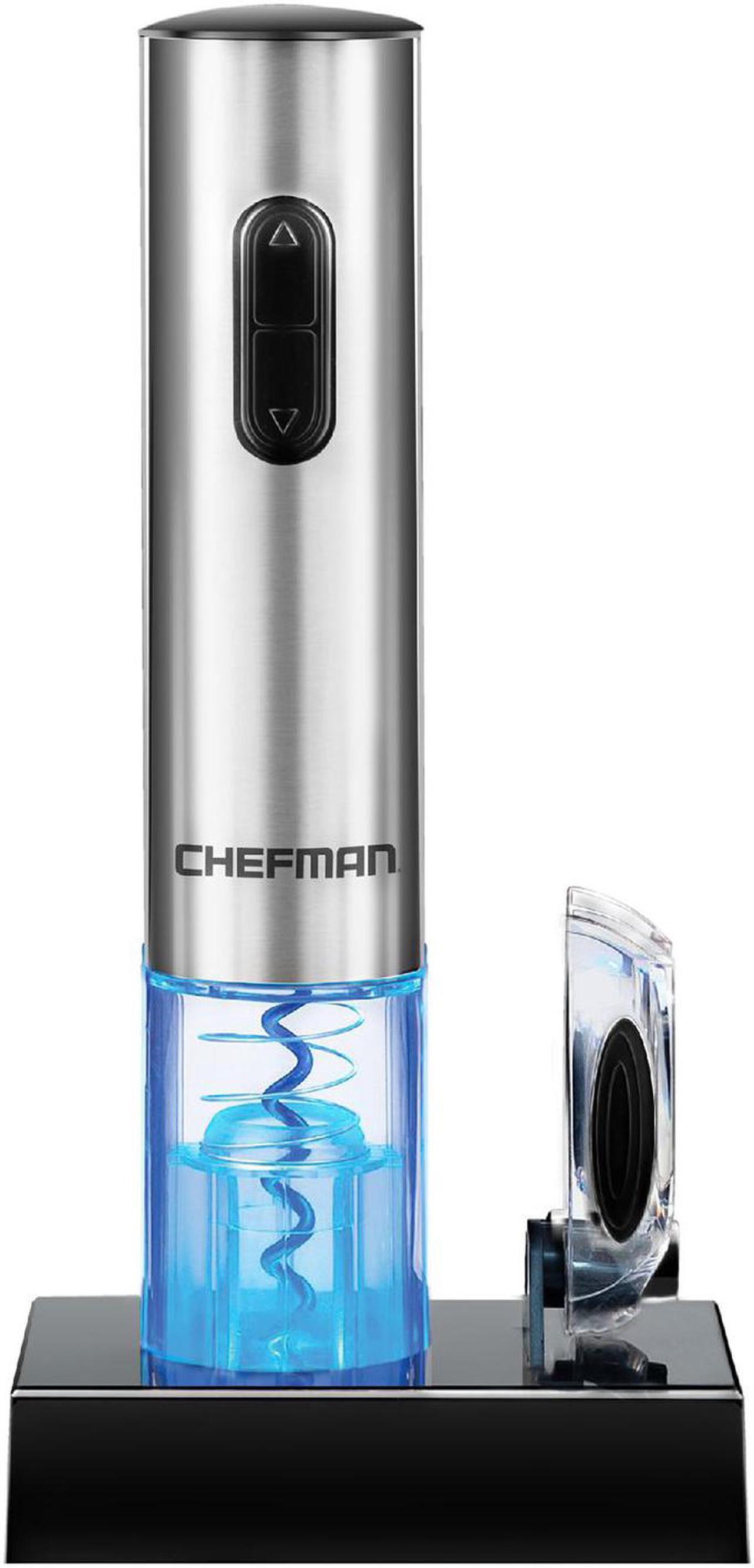Alt view image 3 of 6 - chefman electric wine opener with foil cutter, automatic corkscrew and foil remover, one touch wine bottle opener with rechargeable battery and charging stand, stainless steel 110/240v