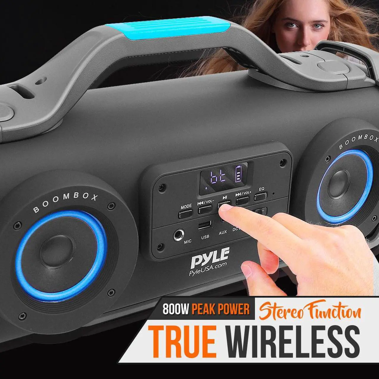 Alt view image 2 of 7 - Pyle PBMSPG148 Bluetooth Boombox Karaoke Speaker System with DJ Party Lights