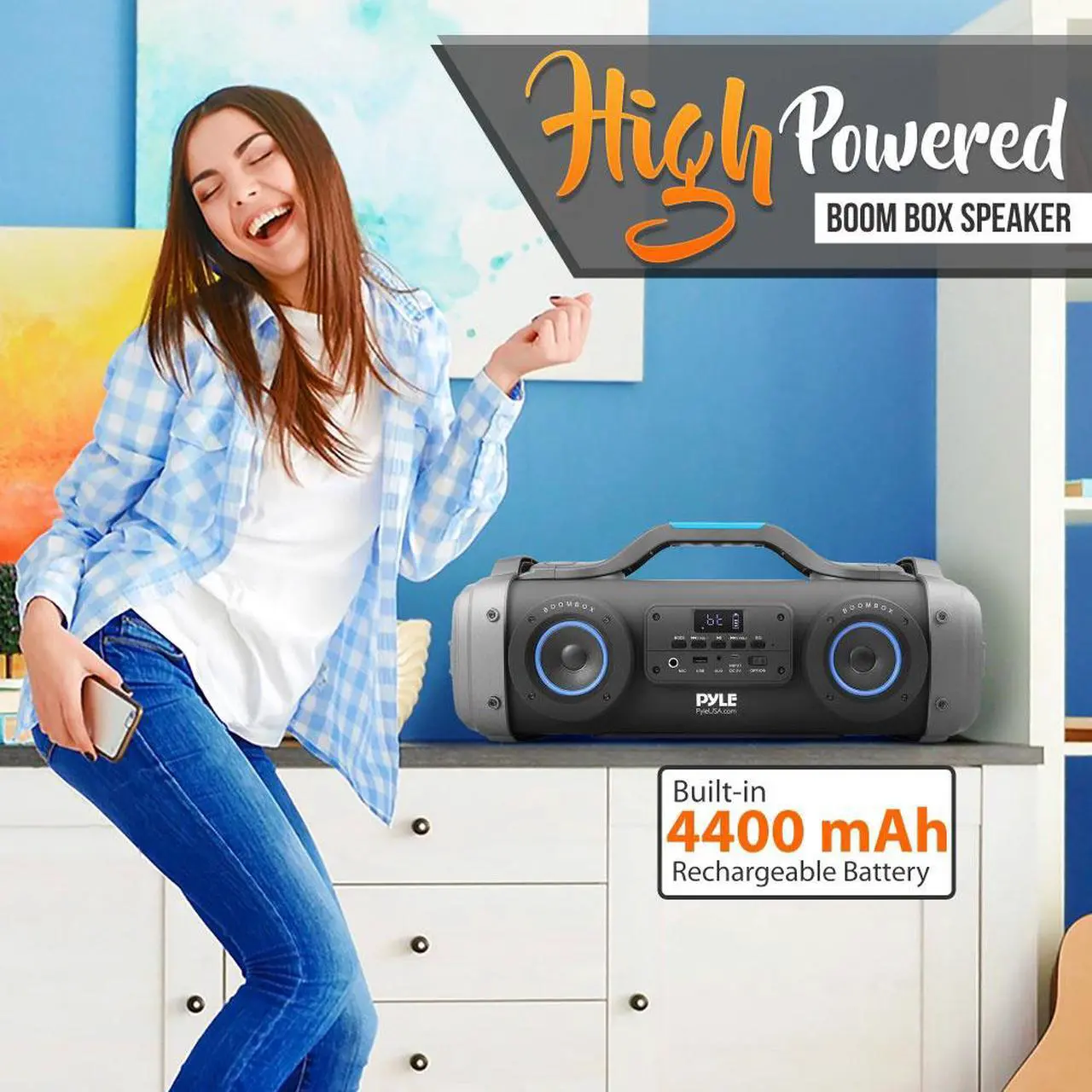 Alt view image 5 of 7 - Pyle PBMSPG148 Bluetooth Boombox Karaoke Speaker System with DJ Party Lights