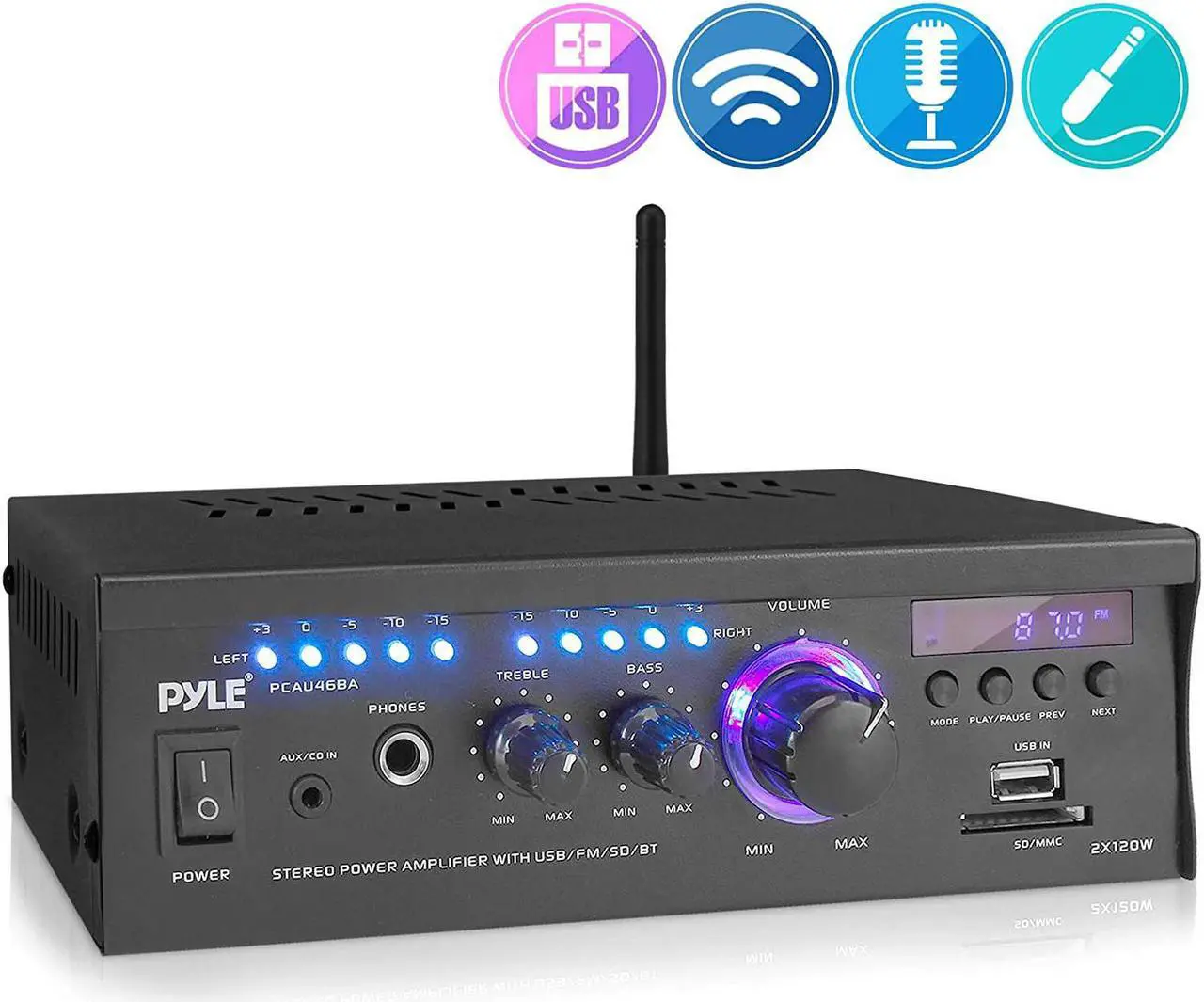 Alt view image 9 of 14 - Wireless Bluetooth Home Stereo Amplifier - 2x120 Watt Power Amplifier Home Audio Bluetooth Receiver System W/Blue Led Display, USB/SD, AUX, RCA, Headphone Jack - Remote - Pyle PCAU46BA