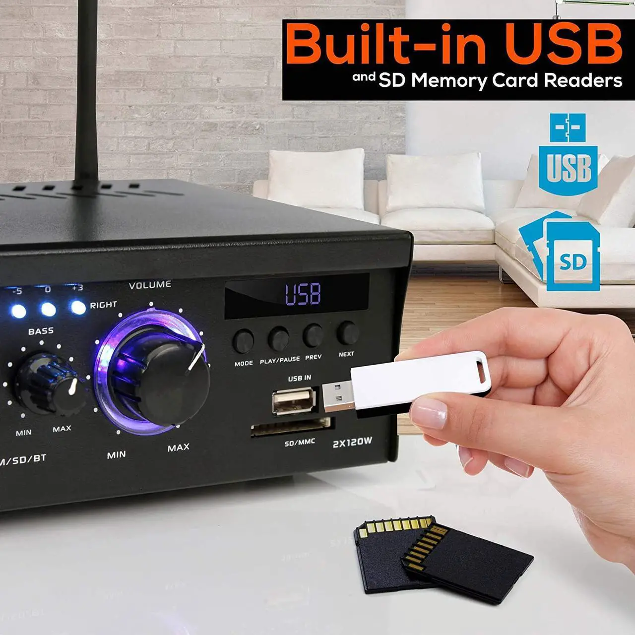 Alt view image 12 of 14 - Wireless Bluetooth Home Stereo Amplifier - 2x120 Watt Power Amplifier Home Audio Bluetooth Receiver System W/Blue Led Display, USB/SD, AUX, RCA, Headphone Jack - Remote - Pyle PCAU46BA