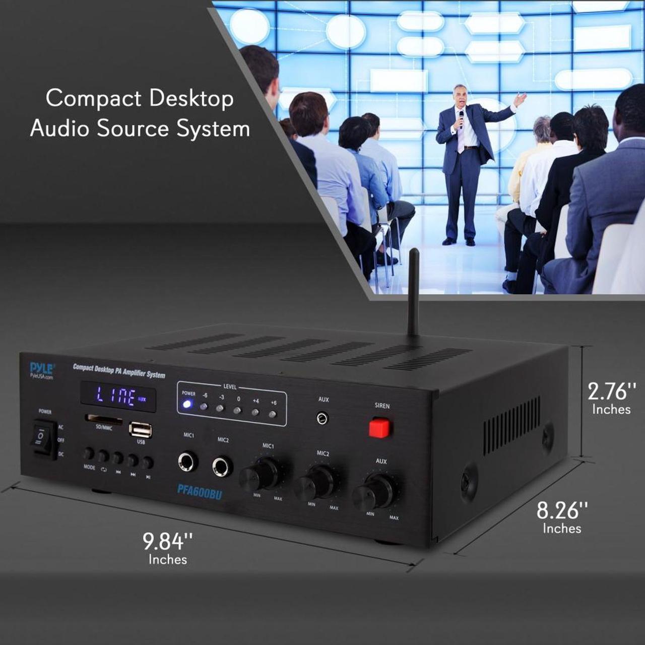Alt view image 17 of 20 - Bluetooth Public Address Amplifier - Compact PA Speaker & Microphone Receiver System with (2) Mic Inputs, MP3/USB/SD Readers, FM Radio (300 Watt)