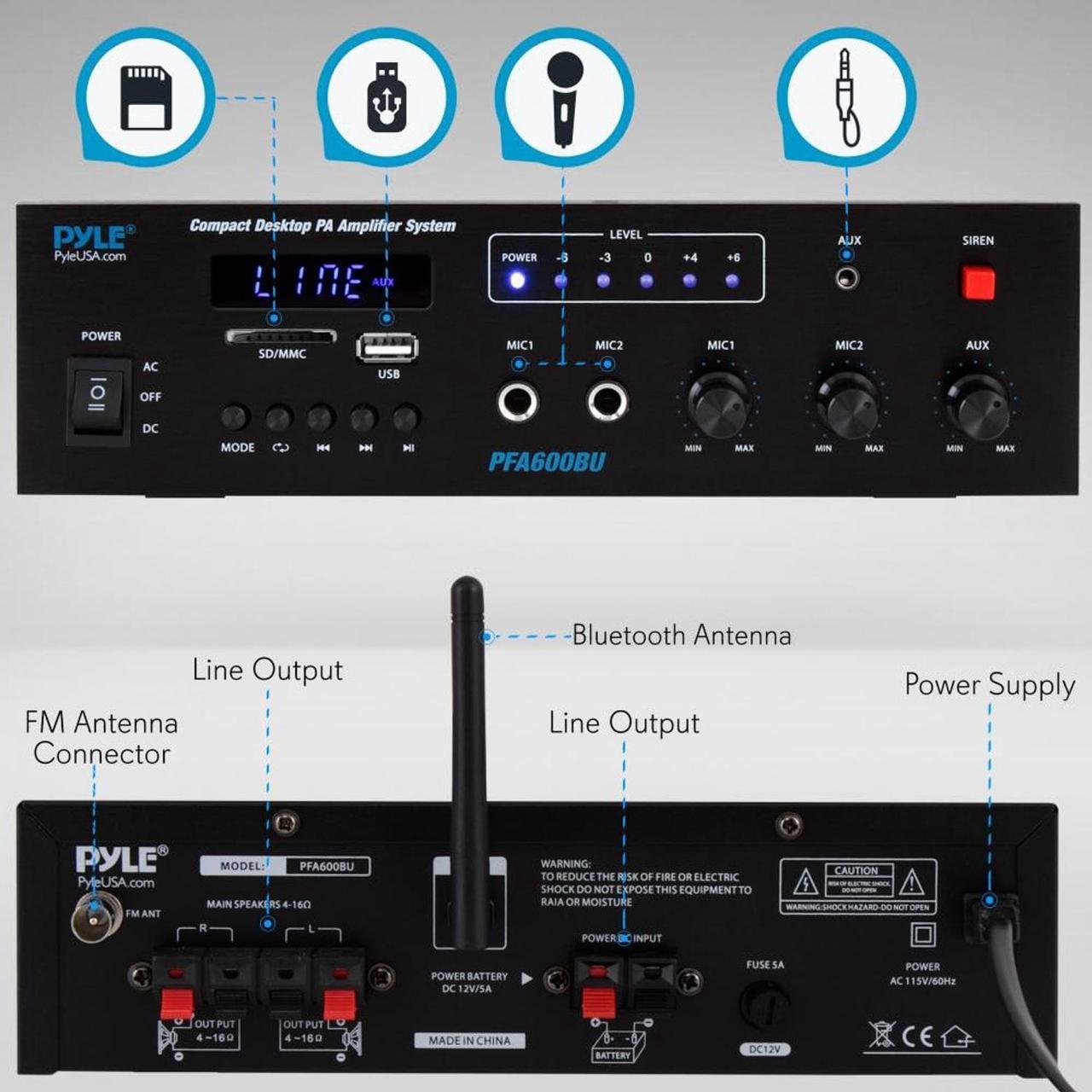 Alt view image 16 of 20 - Bluetooth Public Address Amplifier - Compact PA Speaker & Microphone Receiver System with (2) Mic Inputs, MP3/USB/SD Readers, FM Radio (300 Watt)