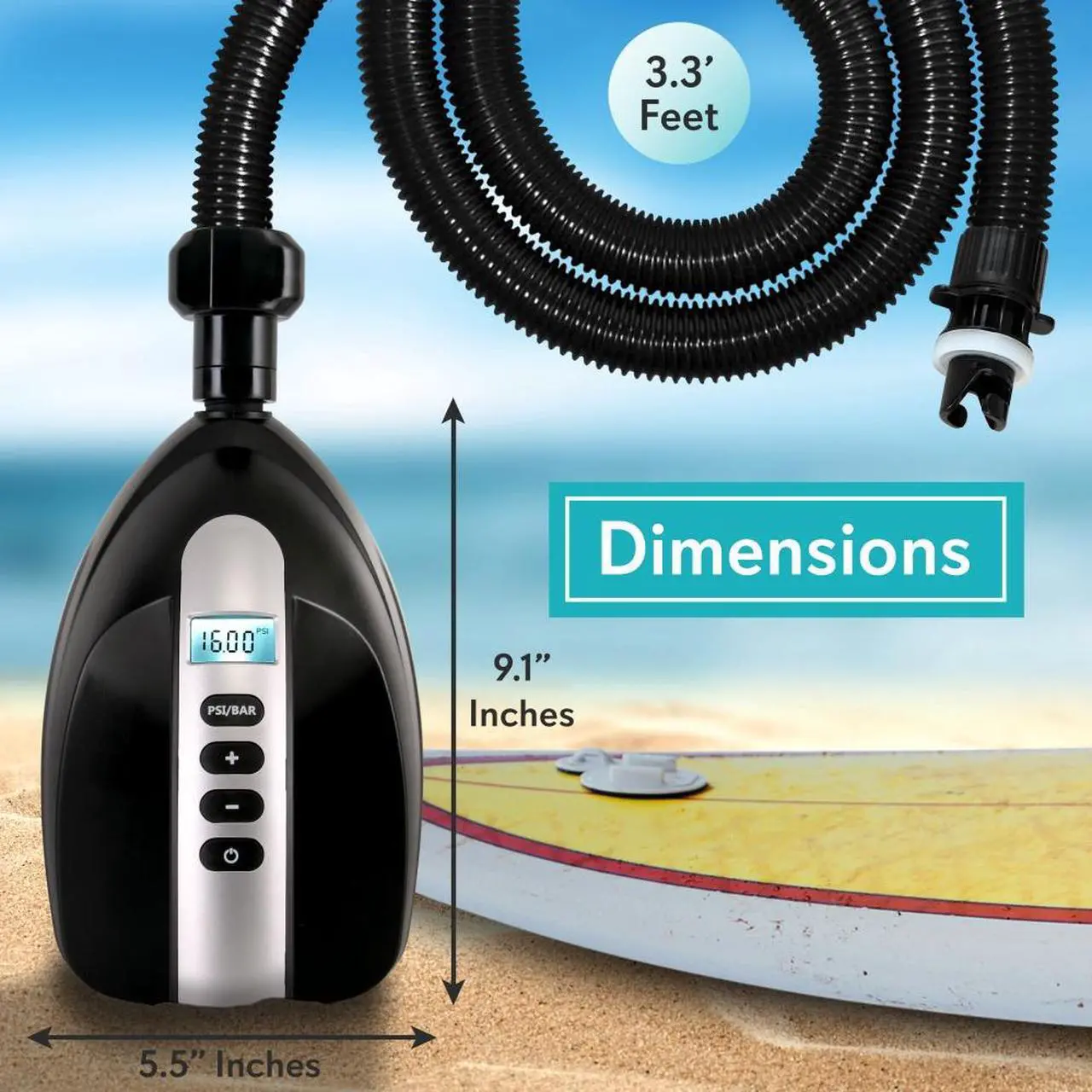 Alt view image 3 of 9 - digital electric air pump compressor  110w 12 volt quick air inflator w/lcd, 016 adjustable psi  for water sport inflatable sup stand up paddle board  serenelife slpump20