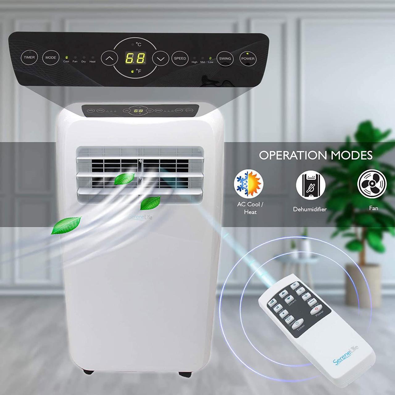 Alt view image 8 of 11 - serenelife 10,000 btu portable air conditioner + 9,000 btu heater, 4in1 ac unit with builtin dehumidifier, fan modes, remote control, complete window exhaust kit for rooms up to 350 sq. ft