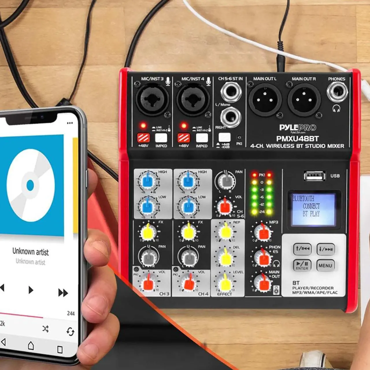 Alt view image 4 of 5 - Studio Audio Sound Mixer Board - 4 Channel Bluetooth Compatible Professional Portable Digital Dj Mixing Console w/ USB Mixer Audio Interface - Mixing Boards For Studio Recording - PylePro PMXU48BT