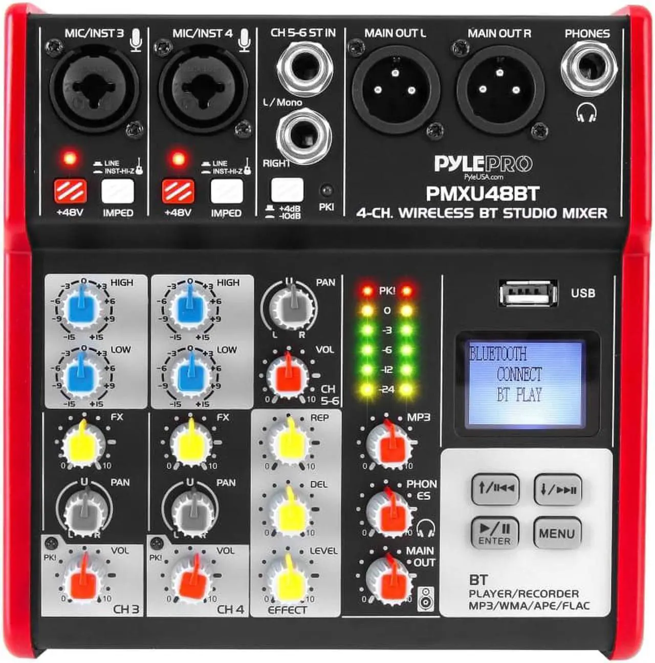 Alt view image 3 of 5 - Studio Audio Sound Mixer Board - 4 Channel Bluetooth Compatible Professional Portable Digital Dj Mixing Console w/ USB Mixer Audio Interface - Mixing Boards For Studio Recording - PylePro PMXU48BT