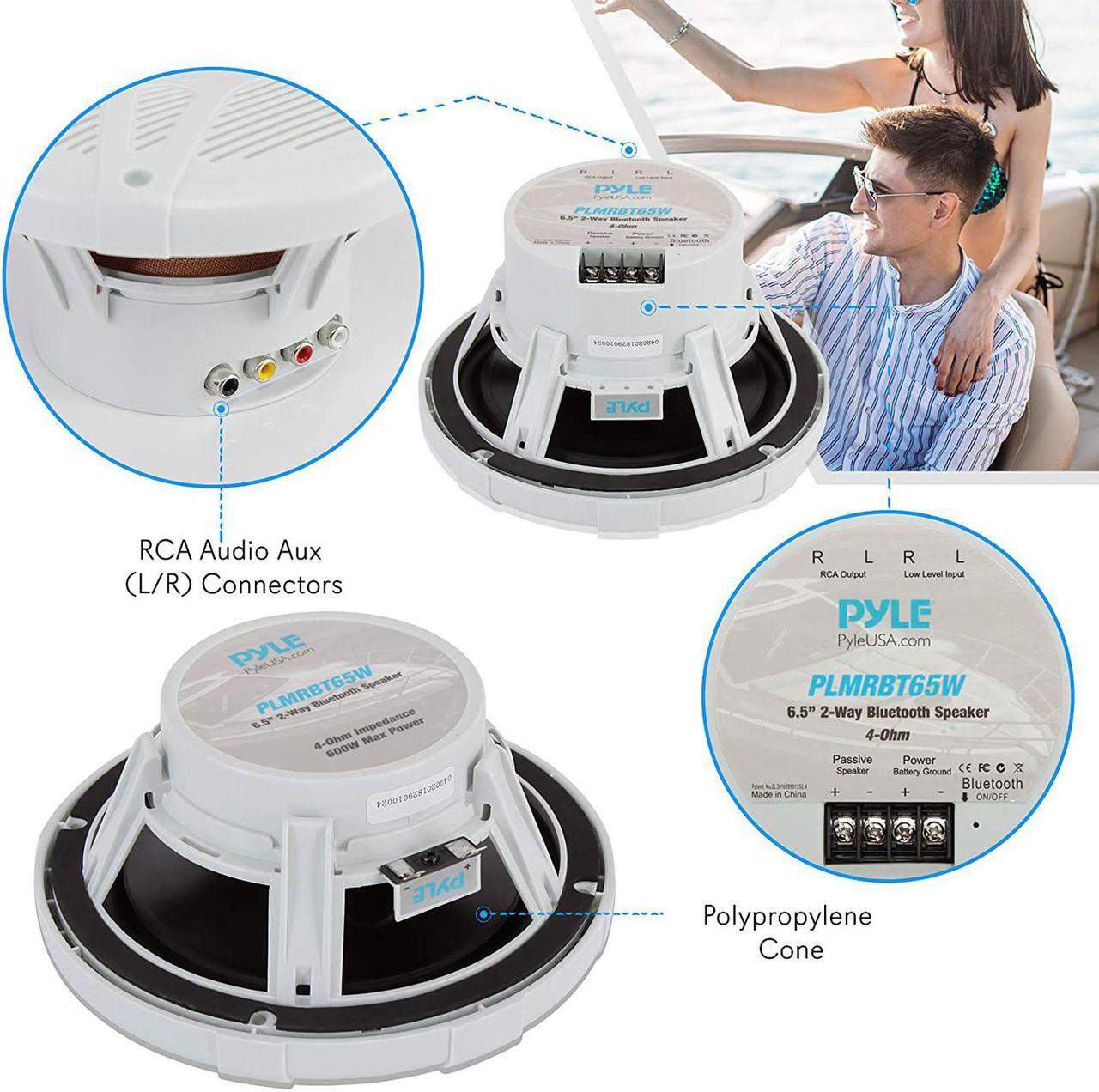 Alt view image 4 of 7 - 6.5 inch bluetooth marine speakers  2way ipx4 waterproof and weather resistant outdoor audio dual stereo sound system with 600 watt power and low profile design  1 pair  pyle plmrbt65w white