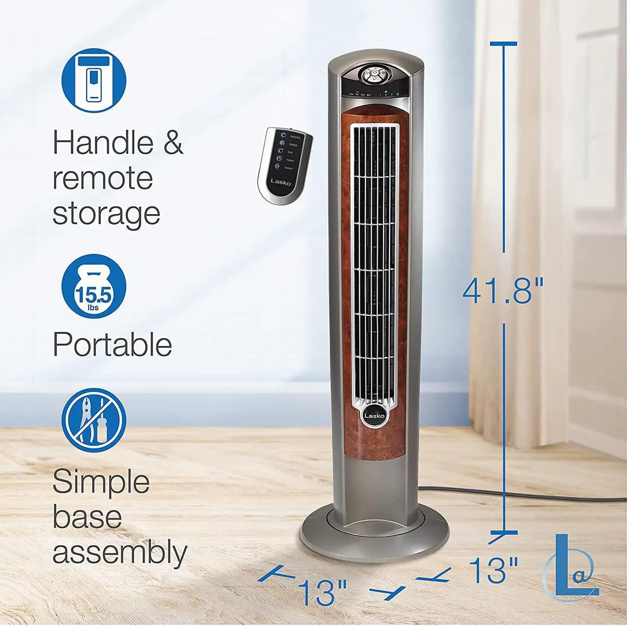 Alt view image 7 of 15 - Lasko 43" Wind Curve Nighttime Setting Tower Fan with Remote Control, Silverwood