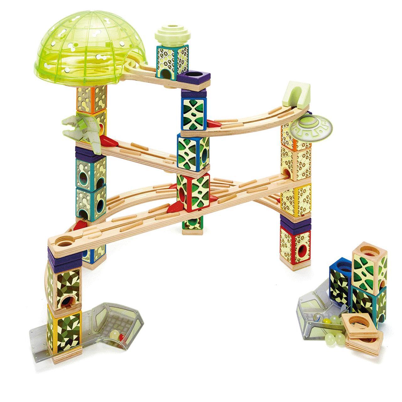 Alt view image 7 of 11 - Hape Quadrilla Space City Glow in the Dark Wooden Marble Run Maze Building Set