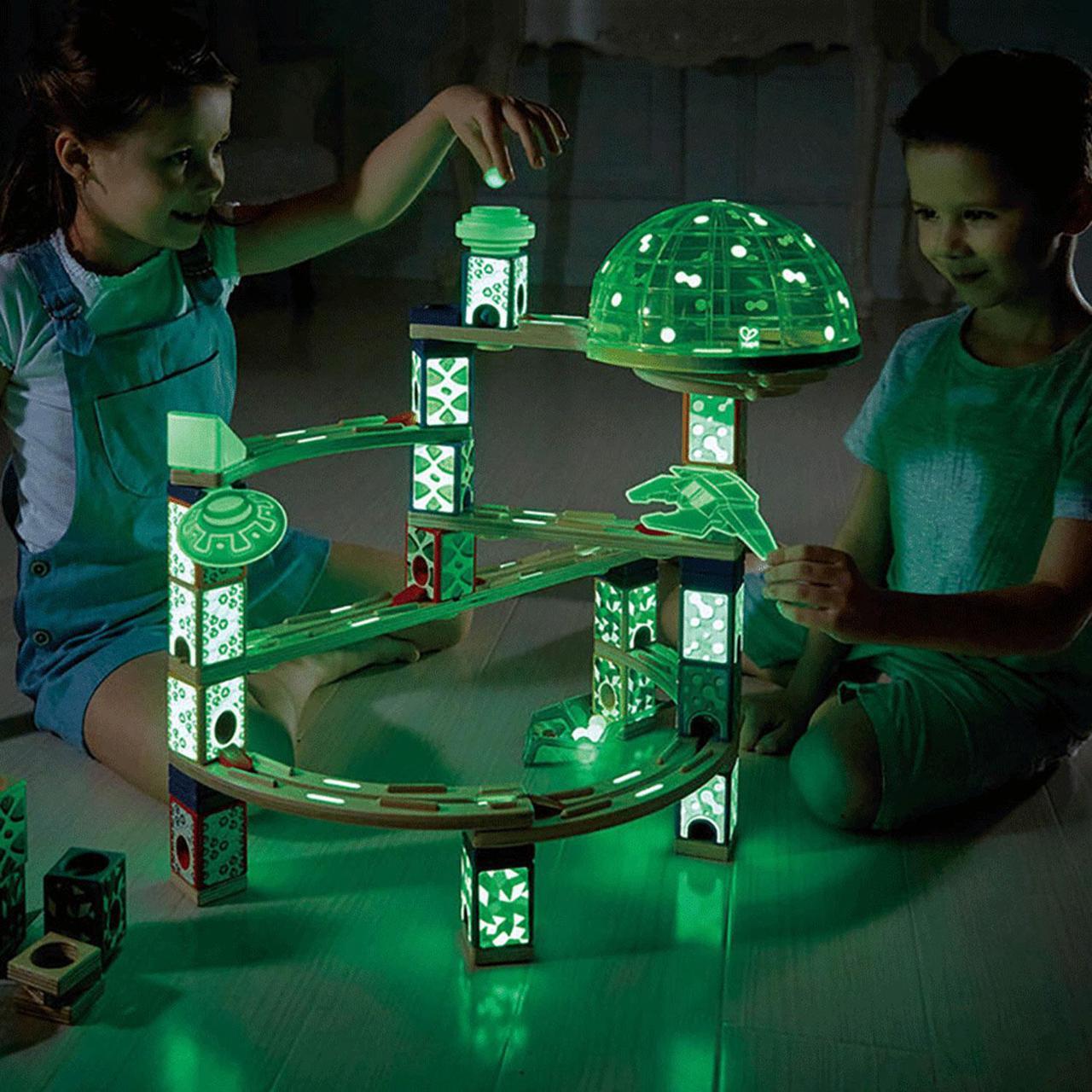 Alt view image 8 of 11 - Hape Quadrilla Space City Glow in the Dark Wooden Marble Run Maze Building Set