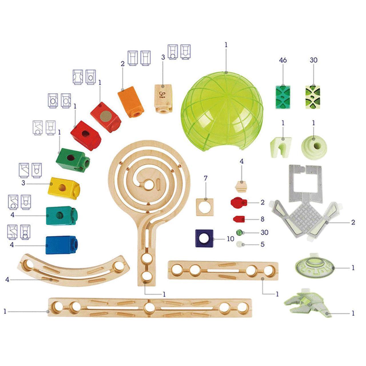 Alt view image 10 of 11 - Hape Quadrilla Space City Glow in the Dark Wooden Marble Run Maze Building Set