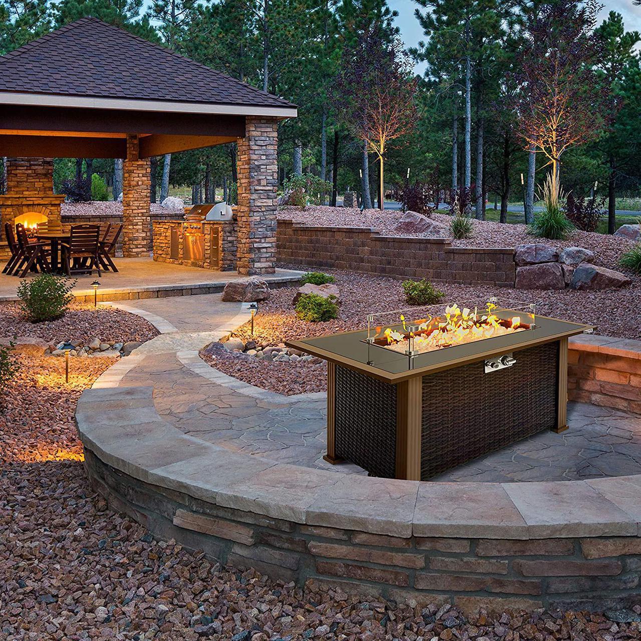 Alt view image 5 of 7 - Serenelife Outdoor Rattan Patio Propane Fire Pit Table with Glass Guard, Black
