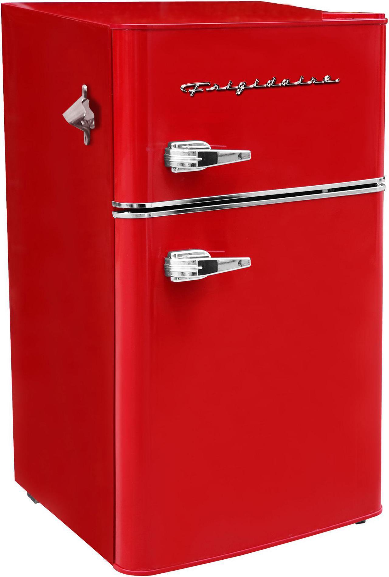 Frigidaire 2 Door Retro Home Bar Mini Fridge and Freezer with Bottle Opener, Red