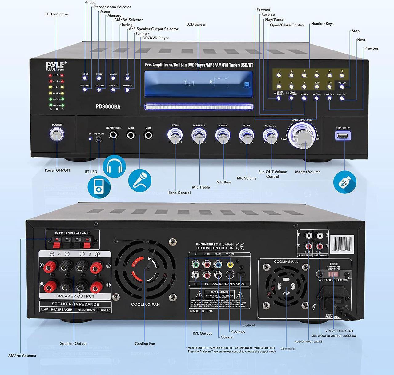 Alt view image 4 of 8 - Pyle PD3000BA Home Theater Preamplifier Bluetooth Audio & Video Stereo Receiver