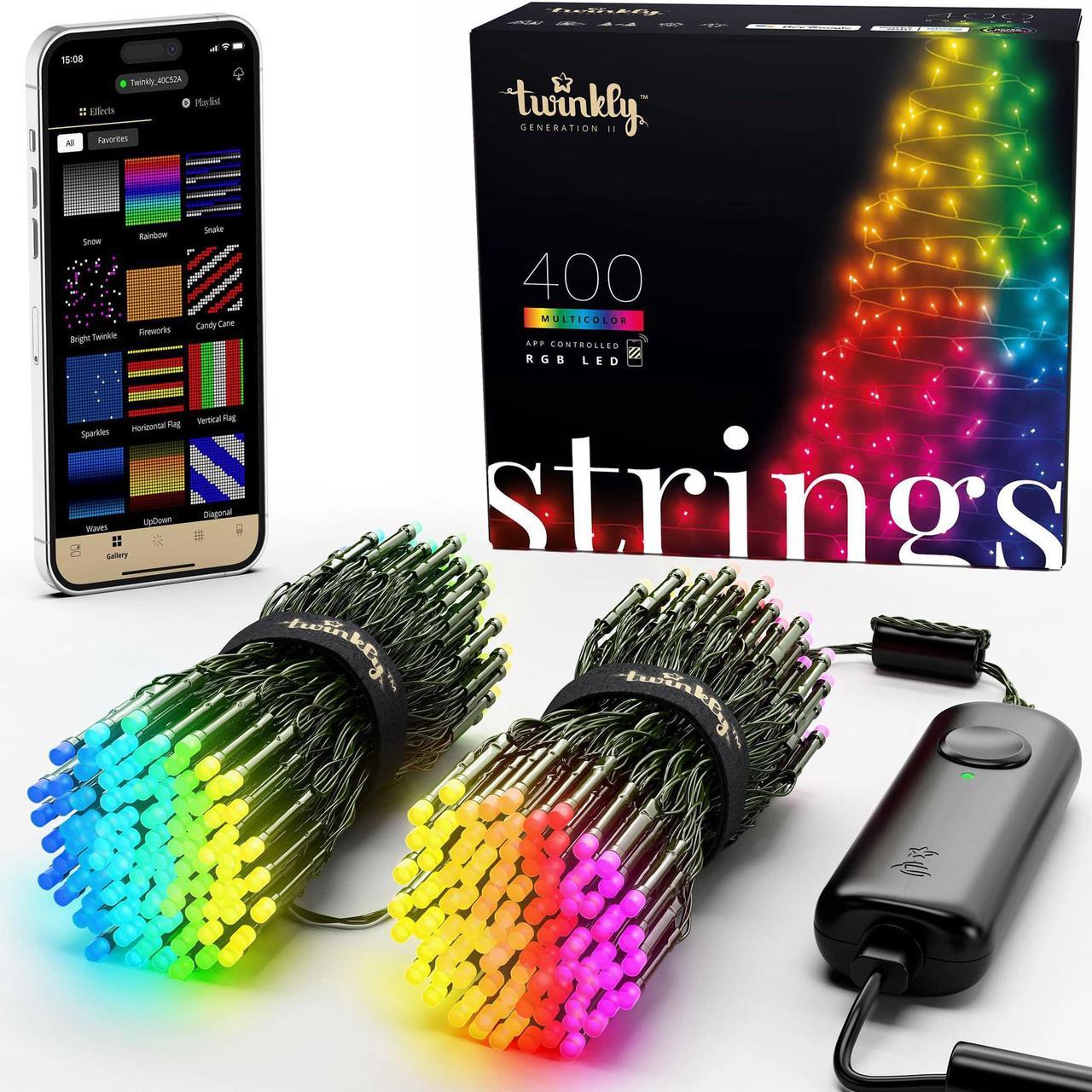 Twinkly Strings App-Controlled Smart LED Christmas Lights 400 Multicolor 105-Ft