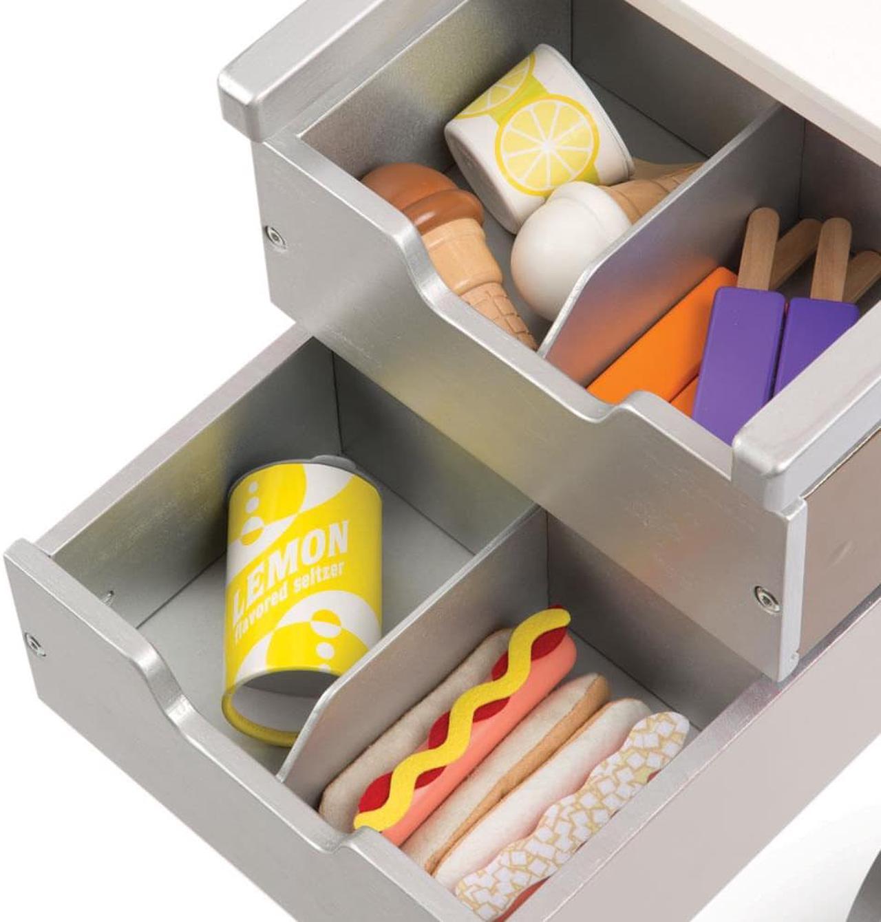 Alt view image 9 of 15 - Melissa & Doug Wooden Snacks and Sweets Food Cart - 40+ Play Food pcs, Reversible Awning