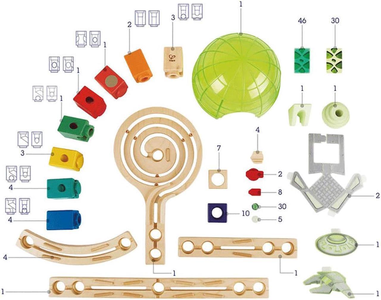 Alt view image 4 of 11 - Hape Quadrilla Space City Glow in the Dark Wooden Marble Run Maze Building Set