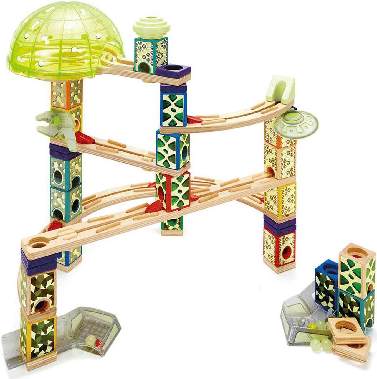 Main image of Hape Quadrilla Space City Glow in the Dark Wooden Marble Run Maze Building Set