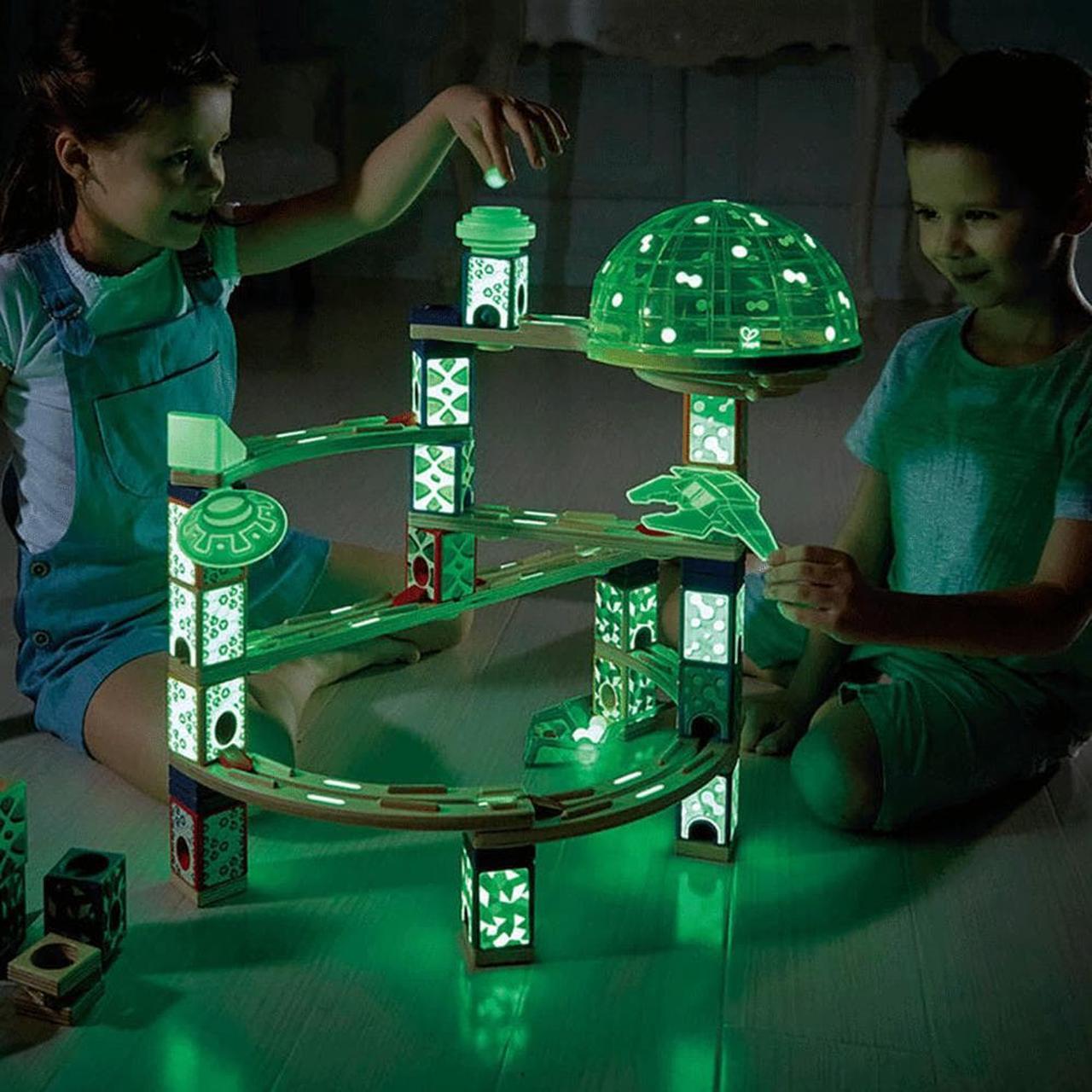 Alt view image 2 of 11 - Hape Quadrilla Space City Glow in the Dark Wooden Marble Run Maze Building Set