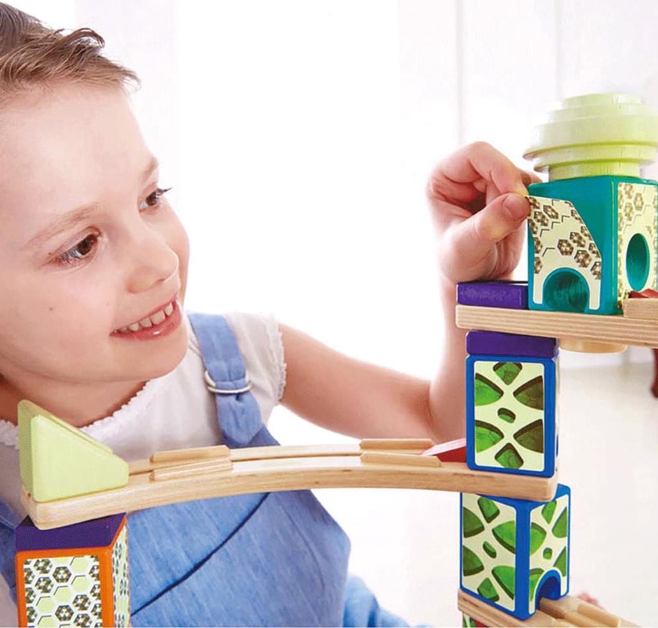 Alt view image 5 of 11 - Hape Quadrilla Space City Glow in the Dark Wooden Marble Run Maze Building Set