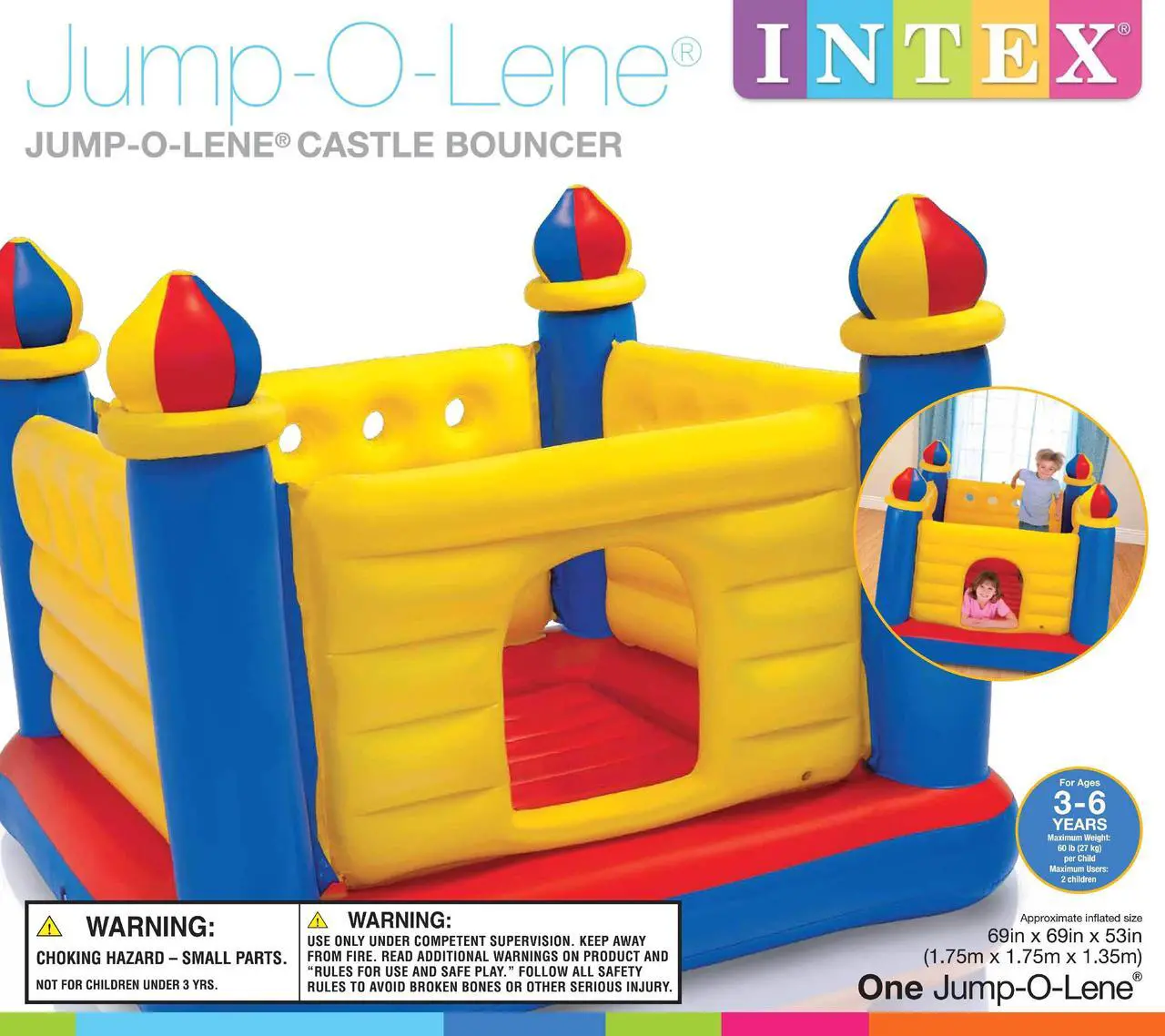 Alt view image 7 of 15 - Intex Inflatable Colorful Jump-O-Lene Castle Bounce House, for 2 Kids Ages 3-6
