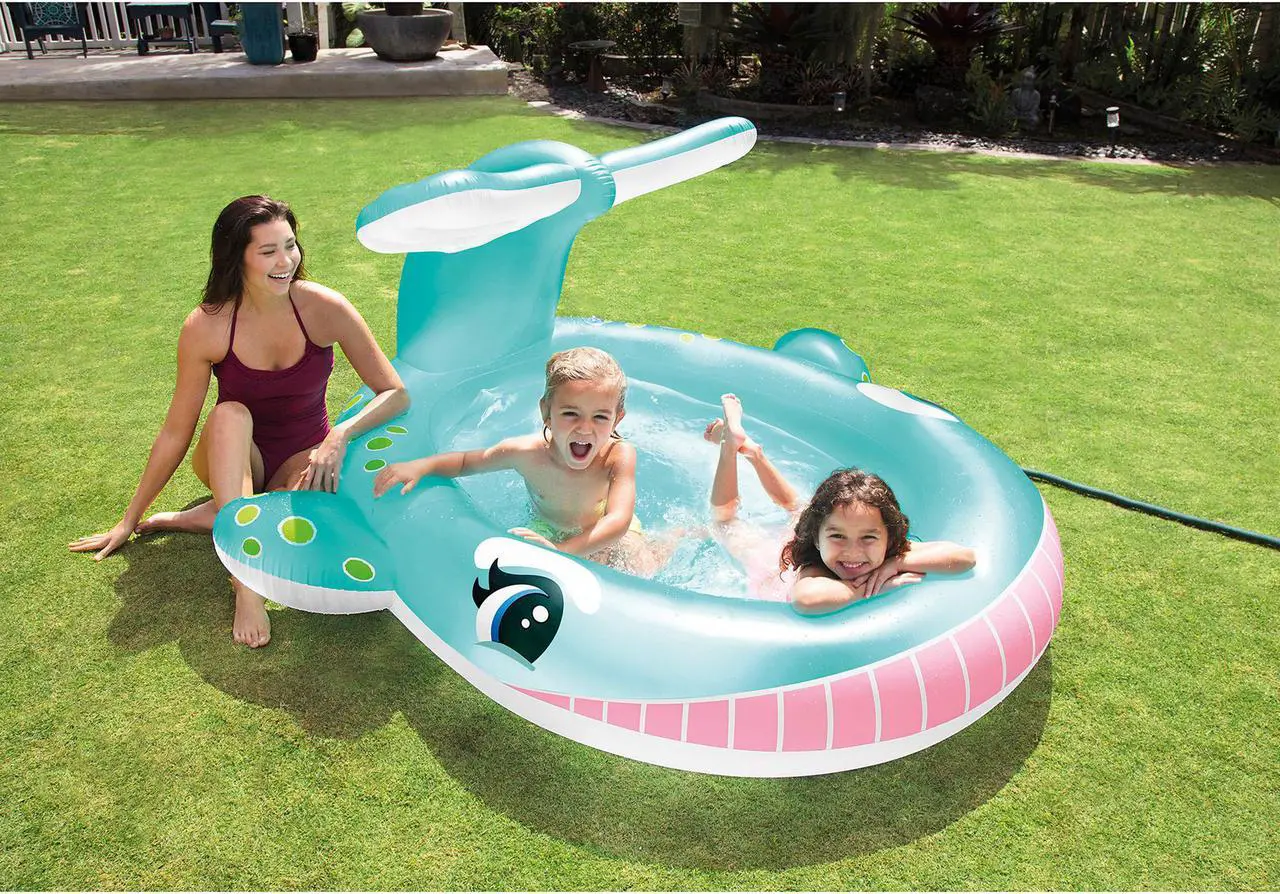 Alt view image 2 of 10 - Intex 57440EP 79" x 77" x 36" Inflatable Whale Spray Kiddie Pool for Kids 2+