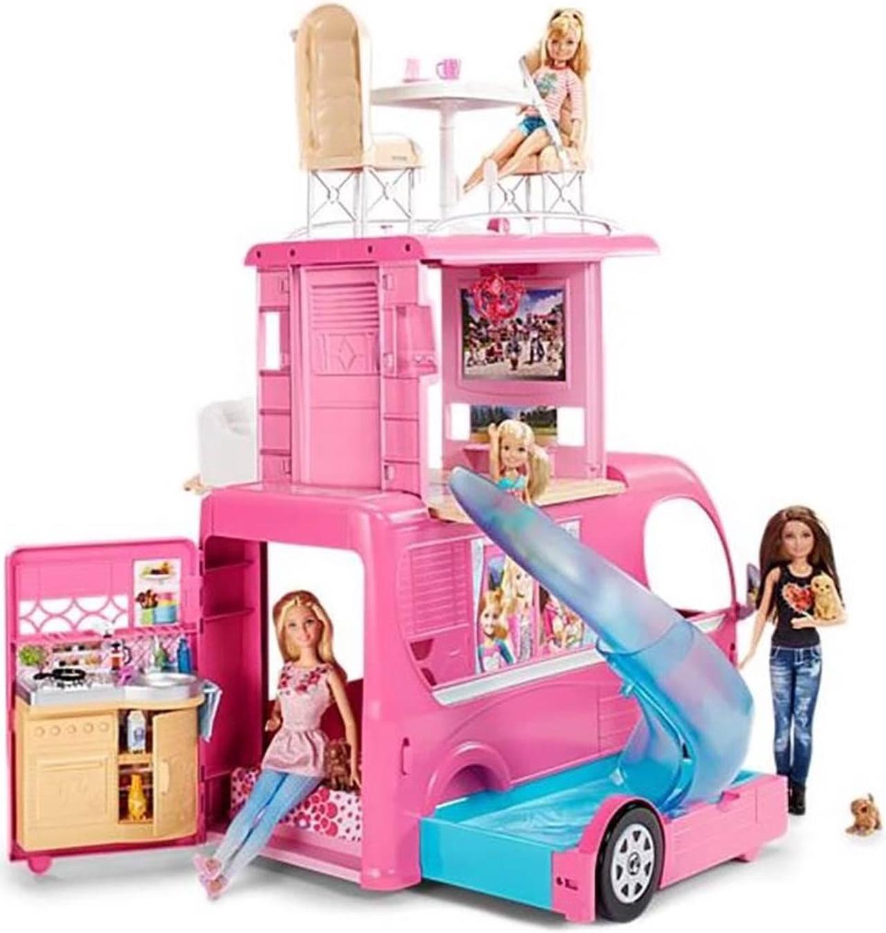 Main image of Barbie Pop-Up Kids Girls RV Camper Car Van Toy Vehicle Camping Play Set, Pink