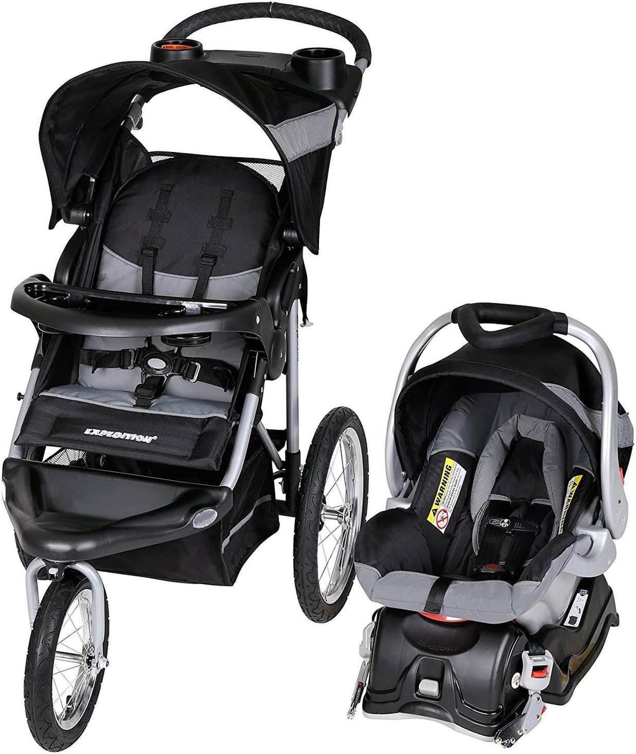 Alt view image 6 of 10 - Baby Trend Expedition Jogger Travel System, Millennium White (Includes Expedition 3 Wheel Jogging Stroller and EZ Flex-Loc® 30 Infant Car Seat)