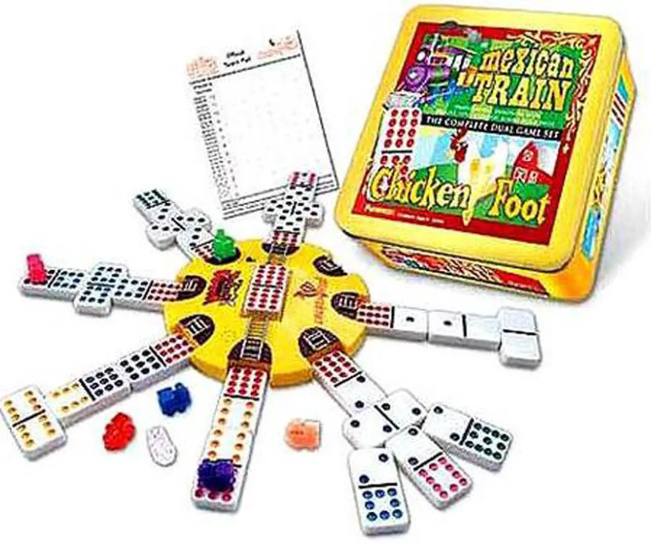 Main image of Mexican Train and Chickenfoot Dominoes - The Complete Dual Game Set in a Tin