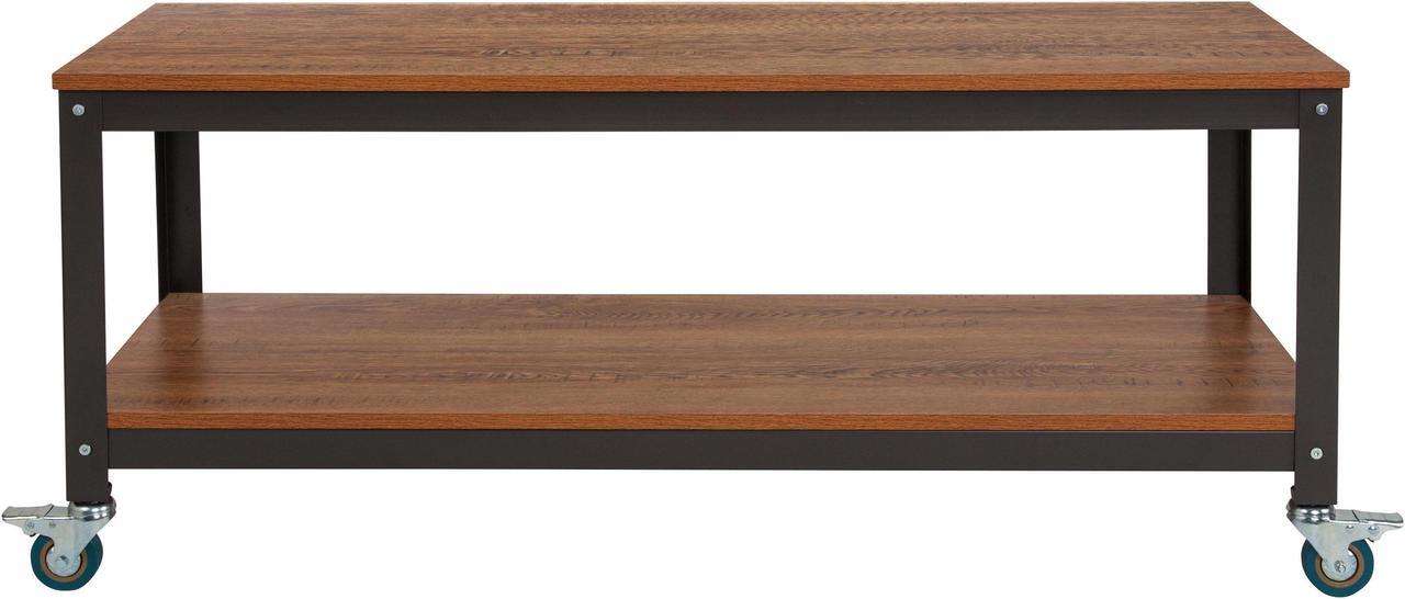 Alt view image 8 of 12 - Flash Furniture Livingston Collection TV Stand with Metal Wheels, Brown Oak Wood Grain Finish