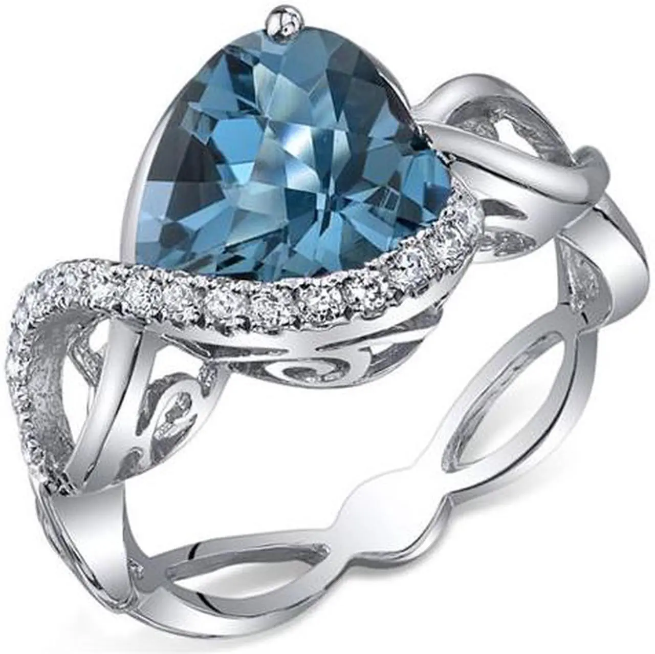 Main image of Swirl Design 3.00 Carats Heart Shape London Blue Topaz Ring in Sterling Silver Size 5, Available Sizes 5 to 9