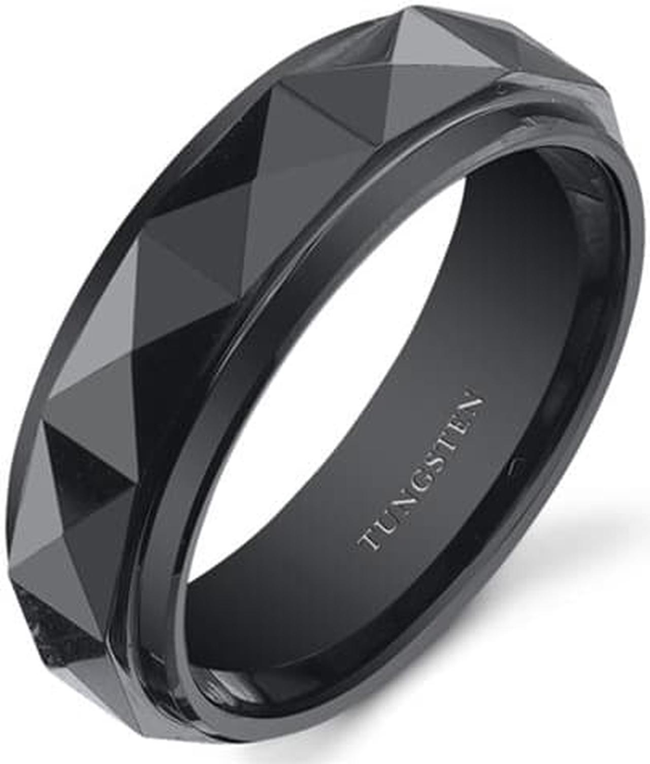 Main image of Faceted 7mm Mens Black Tungsten Wedding Band Ring Available in Sizes 8 to 13