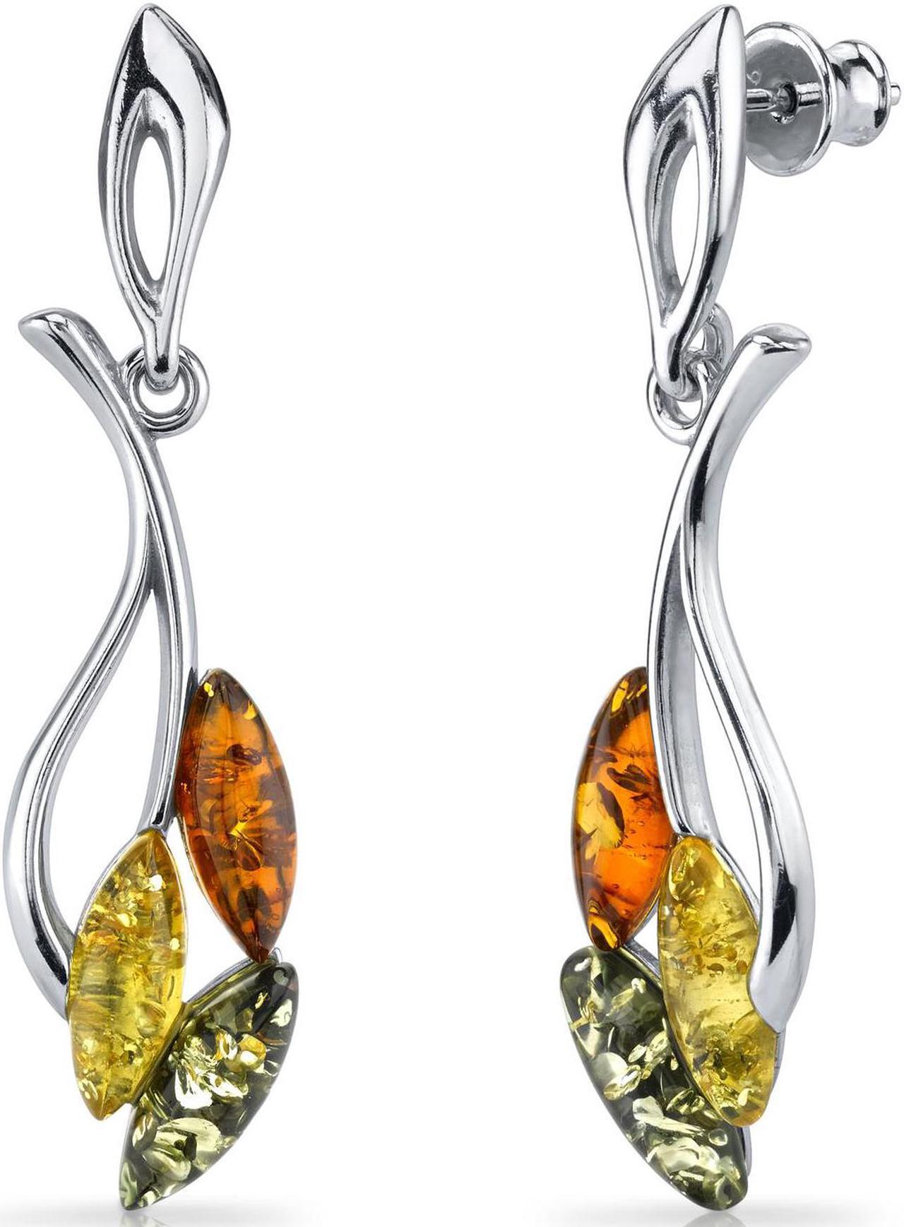 Main image of Oravo Baltic Amber Leaf Dangle Earrings Sterling Silver Multiple Color