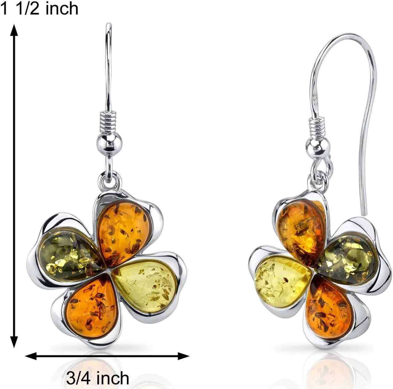 Alt view image 2 of 6 - Oravo Baltic Amber Clover Earrings Sterling Silver Olive Honey and Cognac Colors