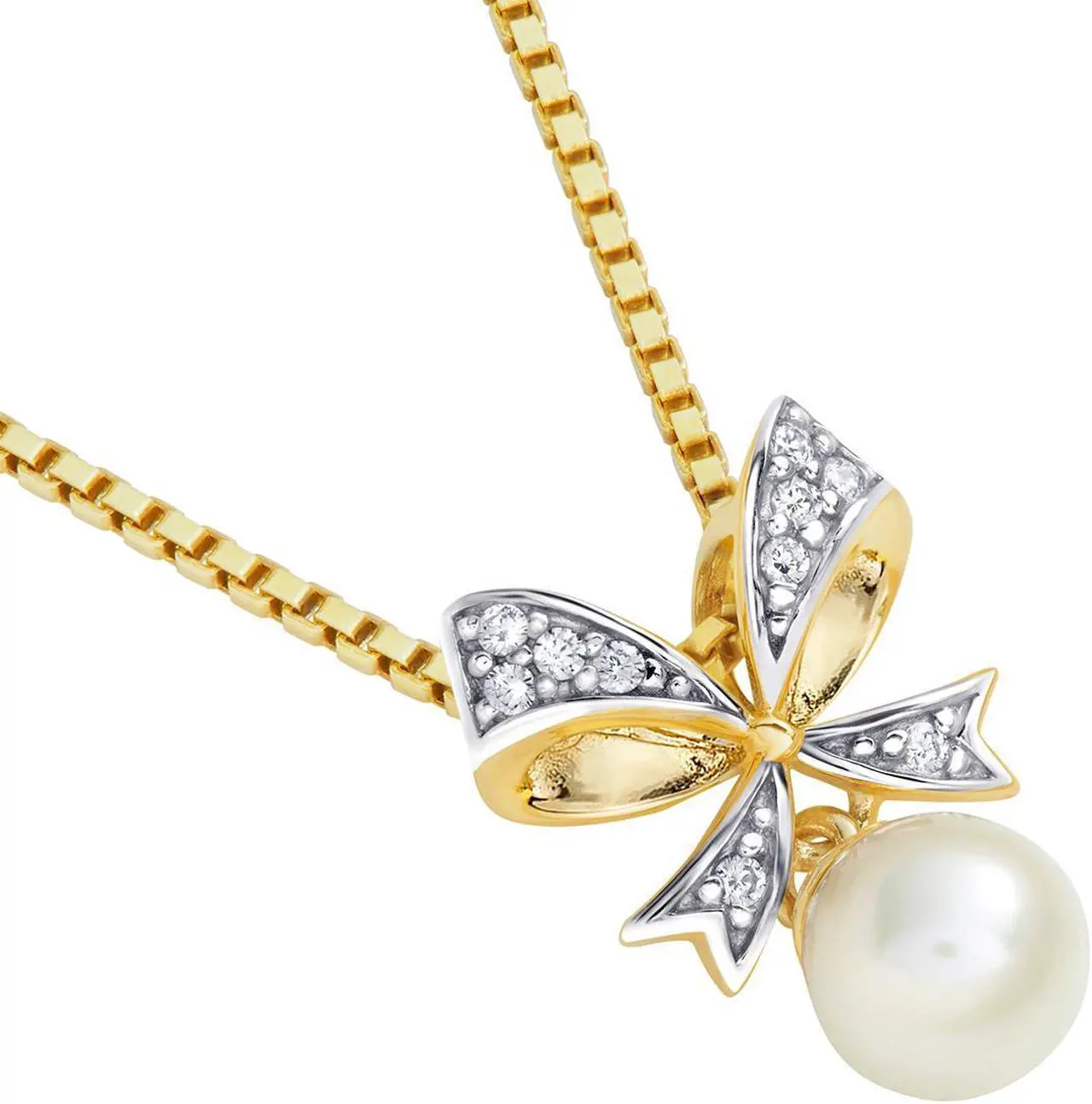 Alt view image 2 of 5 - 14K Yellow Gold Freshwater Pearl Bow Tie Dangle Pendant Necklace