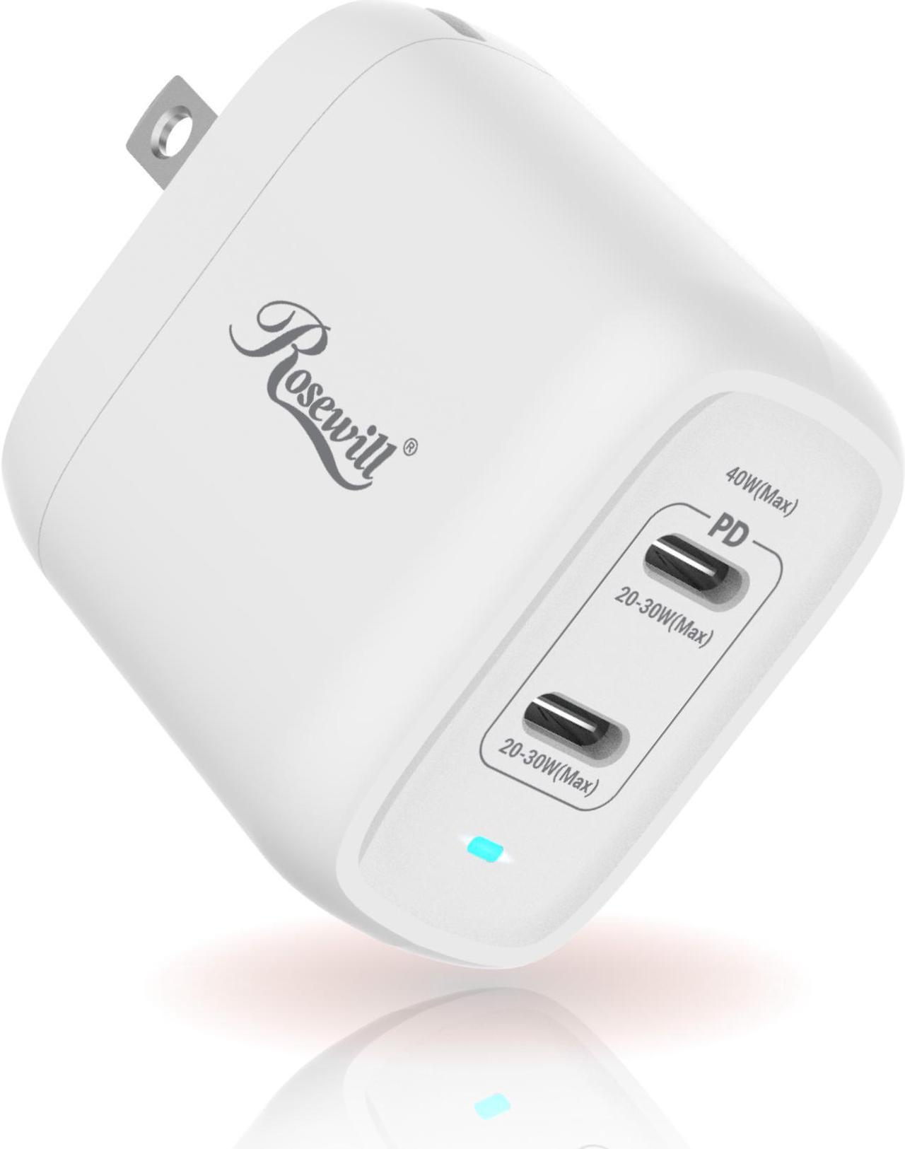 Rosewill 40W Two-Port GaN Wall Charger with 2 USB-C Ports (20W), Up to 30W Single Port Output, PD 3.0 Power Delivery for Laptops, Tablets and Phones, White - (RBWC-20036)