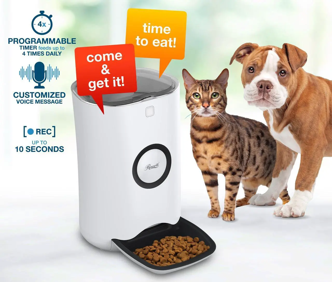 Alt view image 4 of 8 - Rosewill Automatic Pet Feeder Food Dispenser for Cat or Dog, Up to 6.5 lbs of Dry Food with Alarm, Portion Control & Voice Recorder, Programmable, USB & Battery Powered, White - (RPPF-21001)