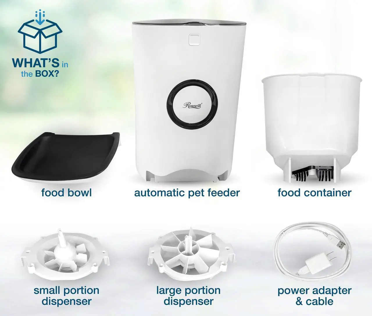 Alt view image 9 of 8 - Rosewill Automatic Pet Feeder Food Dispenser for Cat or Dog, Up to 6.5 lbs of Dry Food with Alarm, Portion Control & Voice Recorder, Programmable, USB & Battery Powered, White - (RPPF-21001)