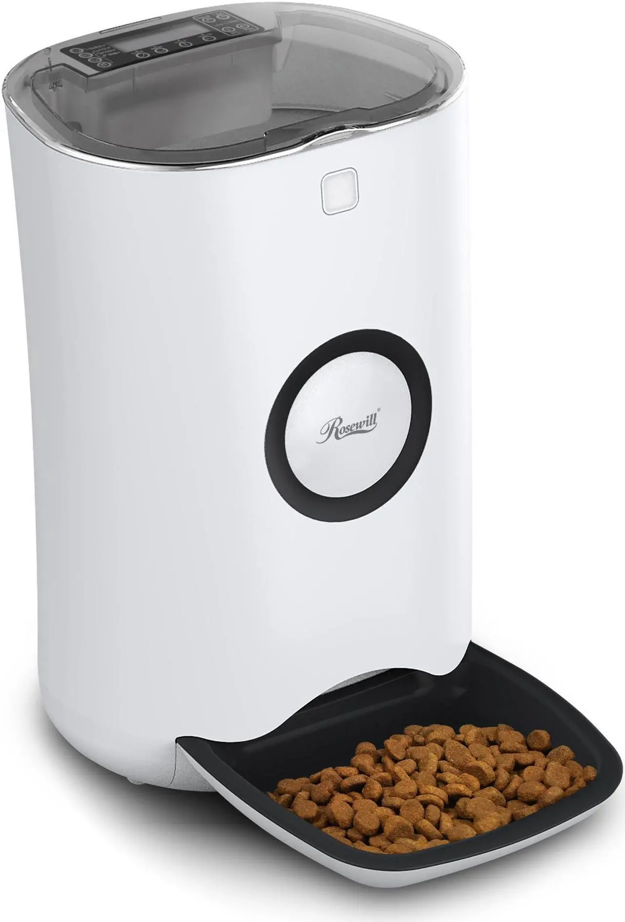 Alt view image 3 of 8 - Rosewill Automatic Pet Feeder Food Dispenser for Cat or Dog, Up to 6.5 lbs of Dry Food with Alarm, Portion Control & Voice Recorder, Programmable, USB & Battery Powered, White - (RPPF-21001)