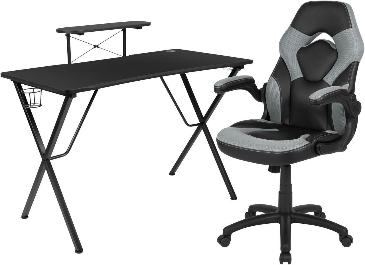 Alt view image 15 of 20 - Black Gaming Desk and Gray/Black Racing Chair Set with Cup Holder, Headphone Hook, and Monitor/Smartphone Stand