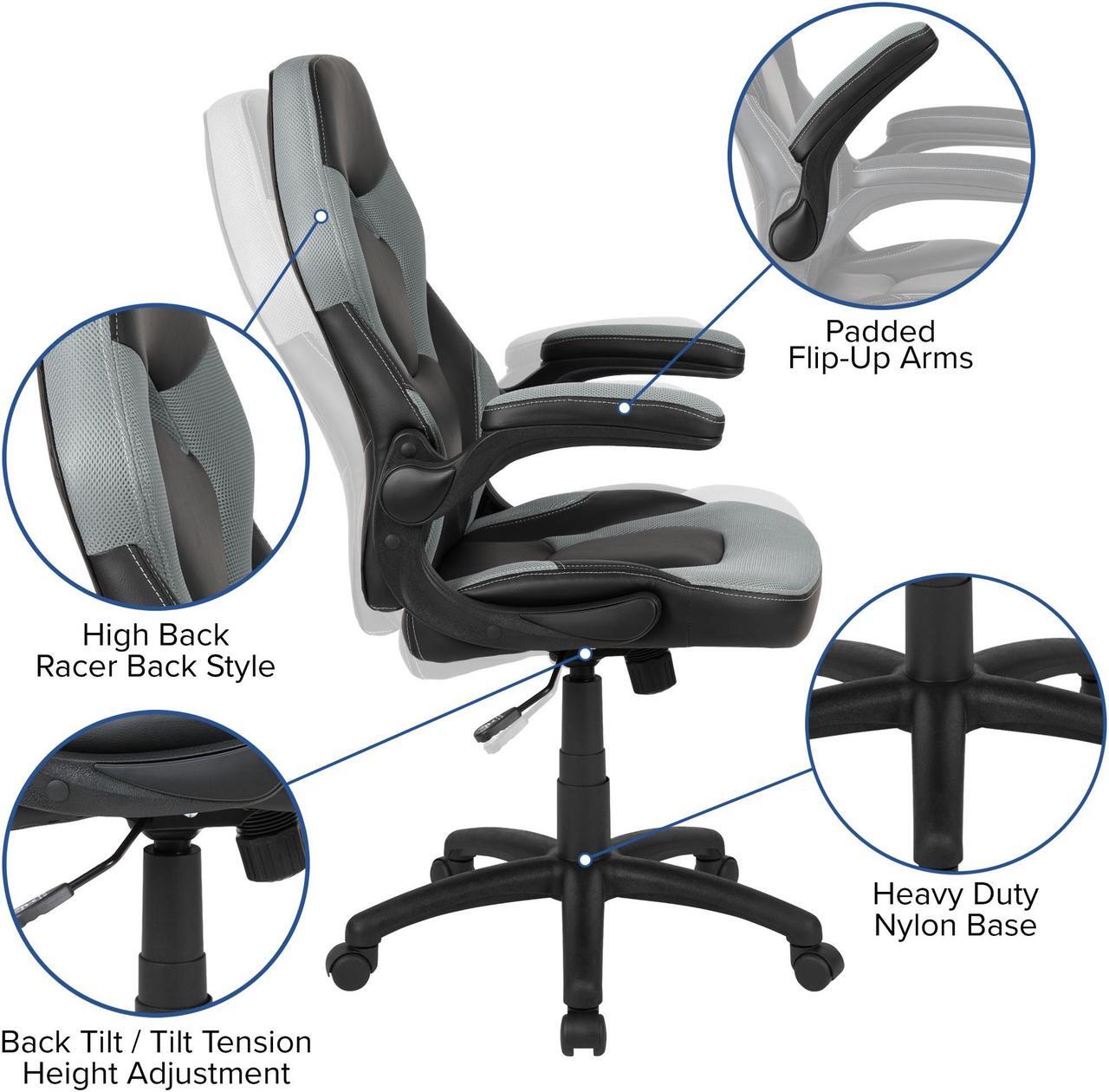 Alt view image 20 of 20 - Black Gaming Desk and Gray/Black Racing Chair Set with Cup Holder, Headphone Hook, and Monitor/Smartphone Stand